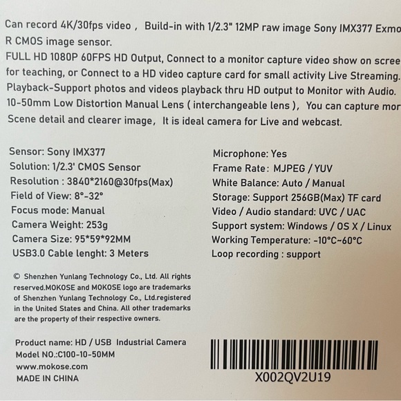 HD/USB industrial camera. Brand new, never used. See photo for specs. - Picture 2 of 8